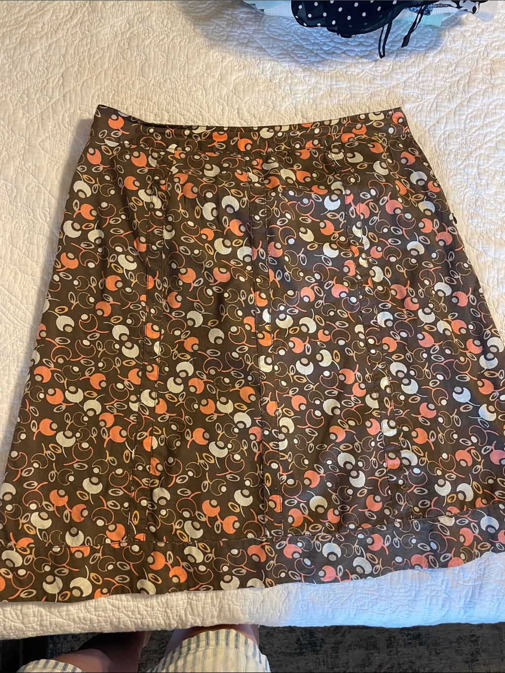 Vintage DKNY Brown Floral-Print A-Line Skirt with Orange and Cream Accents
